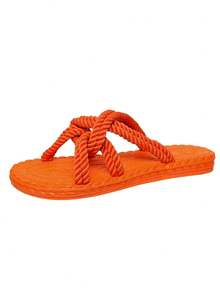 Women Flat Rope Sandals, Open-Toe Summer Dopaine, Full Orange Color Bright Cross, Slip-On Slippers Beach Vacation Braided Flax Sole - Orange - View 3