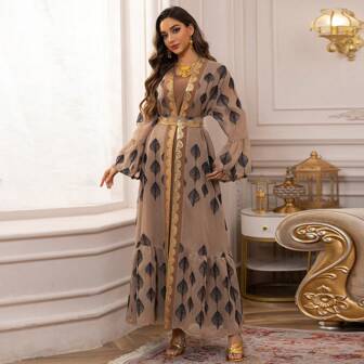 Abaya Modeklänning Mellanöstern Arabisk Dubai Morgonrock Mesh Broderi Set Dammorgonrock