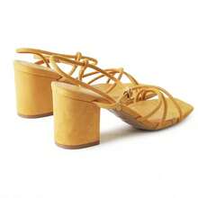Women Strappy Square Toe Chunky Block Mid Heel Sandals – Cute Elegant Buckle Strap Heels For Spring/Summer Weddings, Bridesmaid, Date Night, Party, Prom & Business Casual Wear [Size Up Half Size] - 萬壽菊純素絨面革 - 查看 4