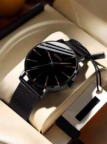 Montre à quartz de mode pour homme avec décoration bleue et rouge, bracelet en maille d'acier inoxydable, cadeau stylé