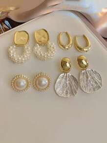 4 peças Conjunto de Brincos Elegantes e Chiques, Estilo Francês Minimalista, Formas Redonda e Oval Geométricas, Retro, Moda, Pérola Falsa, Versátil, Conjunto de Joias de Brincos de Luxo, Adequado para Uso Diário e Festividades Femininas