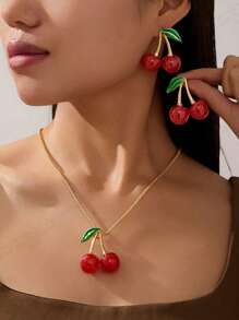 1pc/Set 2025 New Red Acrylic Cherry Necklace & Earrings Set, Unique Design Delicate Choker Necklace, Creative Cute Cartoon Jewelry, Suitable For Girls, Students, Best Friends, Daily Wear, Holiday Gift