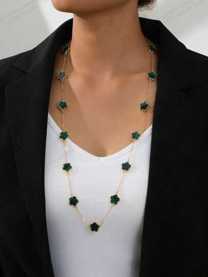 1 pieza Elegante colgante de trébol de 5 hojas verde amuleto de la suerte para mujer, collar largo para uso casual