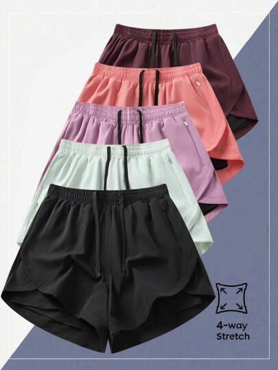 1pc Women 2-In-1 Solid Color Lining Shorts, Elastic Two Pieces Activewear Shorts For Running, Sports, Yoga, Fitness Training In Summer