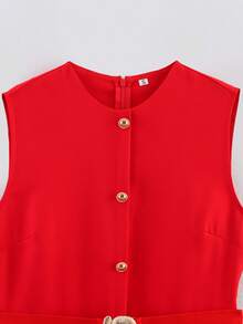 SHIBASHAN Damen elegantes rotes Midikleid mit rundem Ausschnitt, ärmellos, mit Gürtel, lässiger Sommerstil, einreihig, Tanktop, langes Kleid - Rot - Übersicht 7