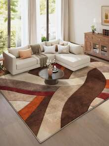 [Durable] 7-Star Minimalist Velvet Rug - Upgraded 1100 G/㎡, Machine Washable, Non-Slip Backing, Soft & Durable, Abstract Geometric Pattern, Brown, Orange, Beige And White, Perfect For Living Room Or Bedroom Decor, Bedroom Rug | Modern Decorative Rug | Machine Washable Rug, Living Room Carpet