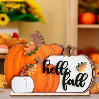 1 PIEZA Decoración de madera para mesa con diseño 2D de calabaza "Hola Otoño" - Tarjeta de lugar rústica de cosecha, perfecta para decorar la cocina o la fiesta de Acción de Gracias en estilo de granja, centro de mesa de Acción de Gracias | Decoración de temporada | Estética natural, decoración otoñal para el hogar