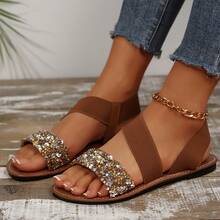 Women's Flat Sandals, Summer Open-Toe Pointed Low-Heeled Shoes With Crystal Decorations, Round-Toe Brown Leather Slippers, Comfortable And Elegant, Suitable For Casual Wear Or Vacation. - Brown - View 2