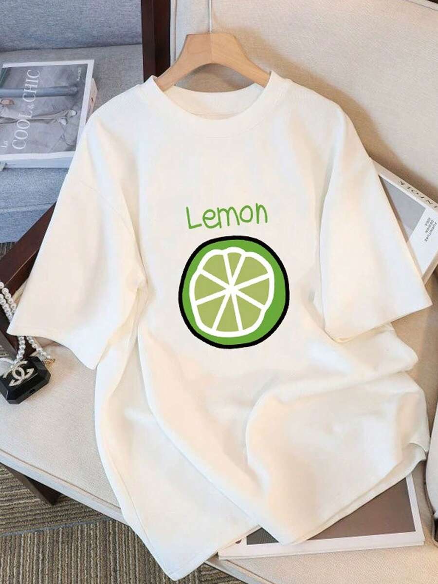 Camiseta de algodón con estampado "Lemon"casual de moda para mujer - Blanco - Ver 1