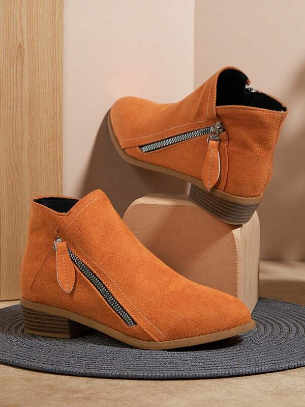 Botas Ankle de Salto Grosso para Mulheres, Botas Curtas de Salto Baixo com Zíper Lateral, Botas Femininas de Bico Fino de Cor Sólida para o Inverno