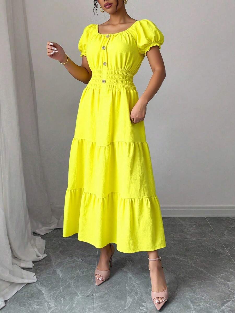 Liso    Bohemio  Elegante    Bajo con volante  Botón delantero  Botón    Playa    Verano - Amarillo - Ver 1