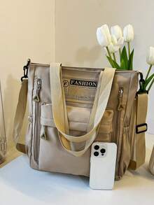 时尚休闲时尚字母印花大容量手提包斜挎包，适合大学/学院教室/通勤/工作/办公室/节日/度假/节日/派对/旅行，适合女性， - 卡其色 - 查看 3