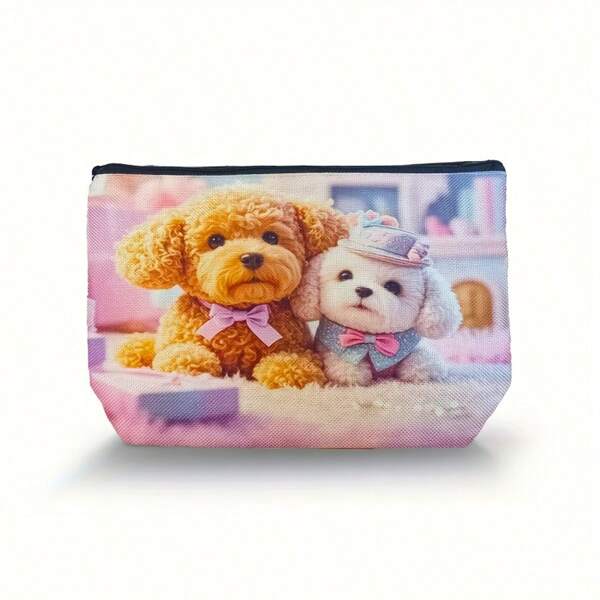 1pc Cute Bowknot Puppy Pattern Women Cosmetic Bag, Lightweight Makeup Storage Pouch, Multifunctional Toiletry Bag, Ideal For Travel