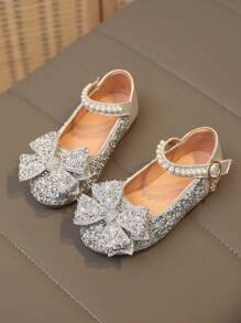 1 Pair Plus Size 2025 New Fashion Versatile Pink Girl Pearl & Rhinestone Bow Decor Cute Flat Shoes, Round Toe, Suitable For Daily Wear, Dancing, Outdoor In Spring & Autumn, Glitter Decoration Closed Toe Princess Ballet Flats, Run Small By Half Size