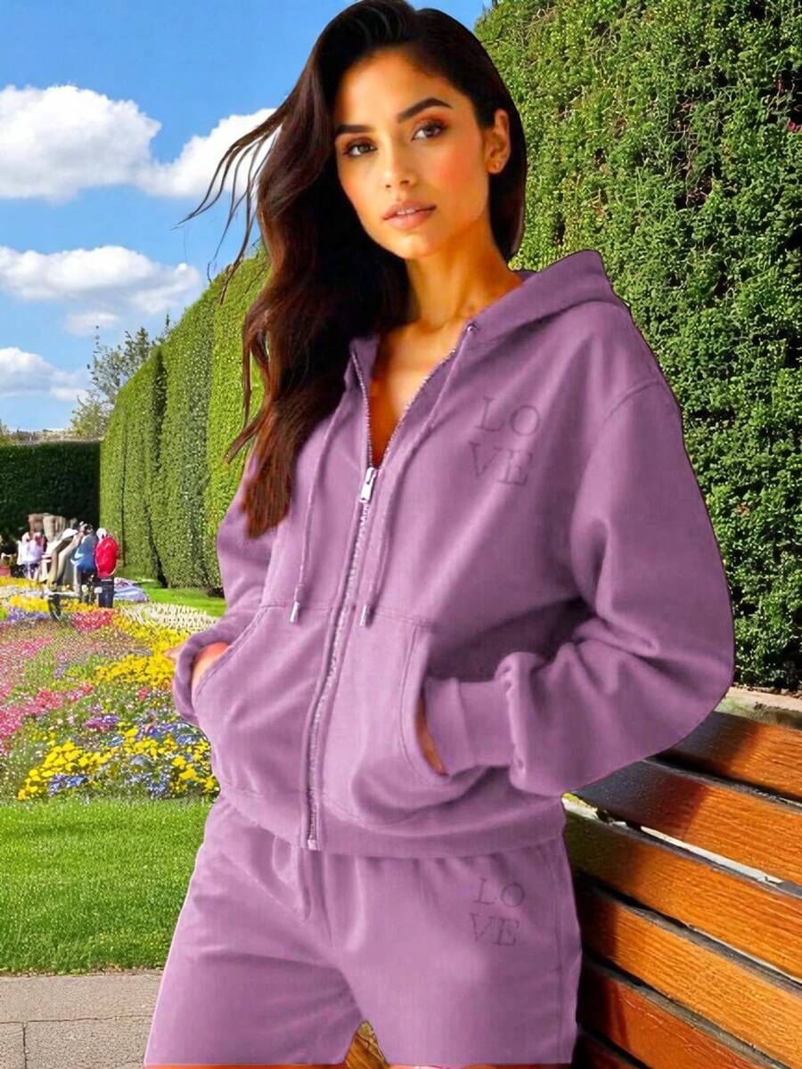 CONJUNTO 2 PIEZAS PARA USO DIARIO SUDADERA BORDADA CON CAPUCHA Y PANTALON RECTO (LS2023) - Morado - Ver 1