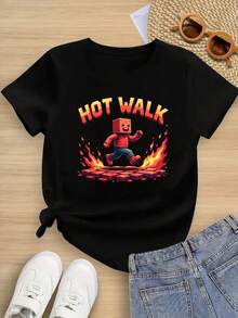"Hot Walk" Cotton T-Shirt, Black Tee With Flaming Brick Path, Comfy & Cute Blockhead Character Art Print Summer Tops For Boys & Girls  Summer Vacation Graphic Tees - Black - View 1