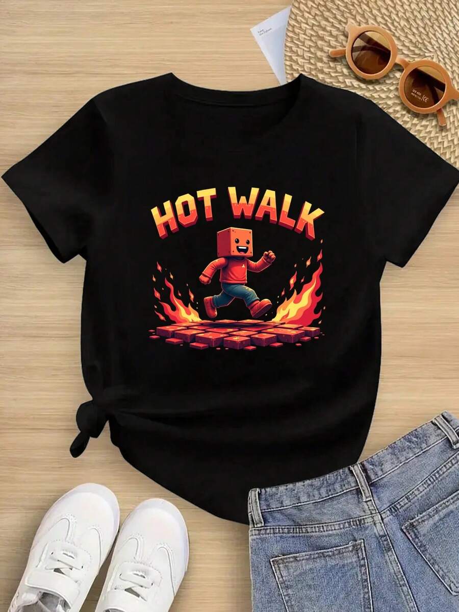 "Hot Walk" Cotton T-Shirt, Black Tee With Flaming Brick Path, Comfy & Cute Blockhead Character Art Print Summer Tops For Boys & Girls  Summer Vacation Graphic Tees - Black - View 1