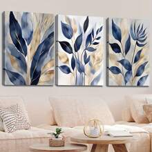 3pcs Frameless Canvas Blue Botanical Prints, Abstract Printed Wall Art, Modern Living Room Wall Decor, Blue Leaves Bedroom Posters, Hallway Prints, Modern Art Decoration,Home Decor Living Room,Wall Decor,Decoration Maison