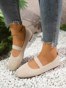 Princess Shoes Casual Spring Summer Strap Knit Square Toe Mary Jane Flats - Beige - View 2