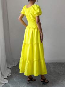 Liso    Bohemio  Elegante    Bajo con volante  Botón delantero  Botón    Playa    Verano - Amarillo - Ver 2
