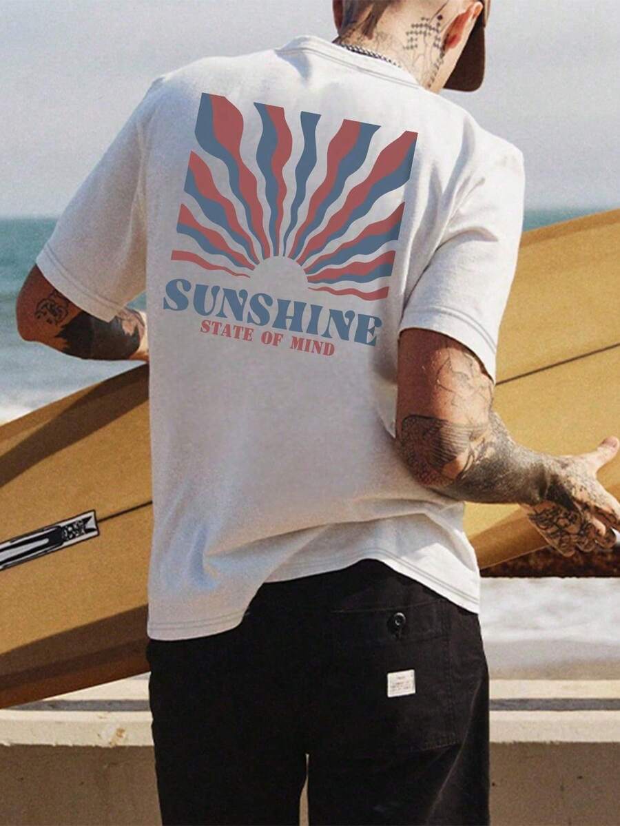 200g Cotton T-Shirt 2025 Men's New Short-Sleeved Cotton Vacation Pattern Short-Sleeved Crew Neck Matching Look