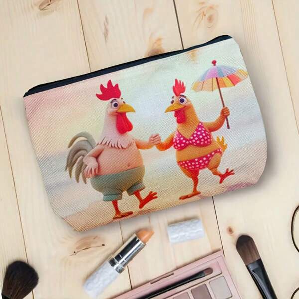 1pc Chicken & Seashore Design Cosmetic Bag, Multi-Purpose Storage Pouch