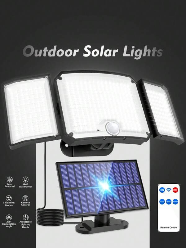 1 Pc - 346LED Solar Outdoor Light, Motion Sensor, Outdoor Solar Light, Solar Safety Spotlight, With Remote Control And 3 Lighting Modes, Pedestrian Lights Off, 3 Solar Floodlights, Courtyard, Garage, Porch, Wall Lights With, 5M Cable Also For Indoor