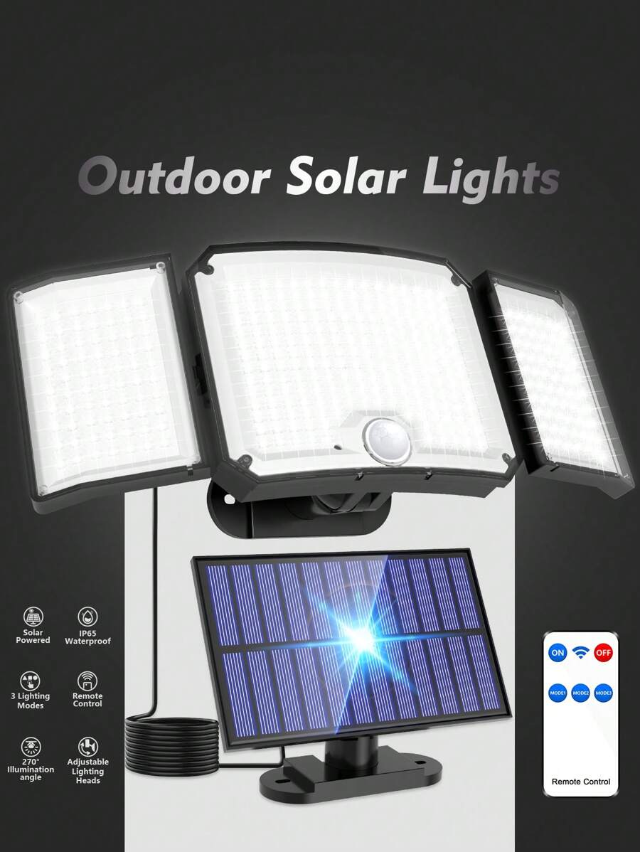 1 Pc - 346LED Solar Outdoor Light, Motion Sensor, Outdoor Solar Light, Solar Spotlight, With Remote Control And 3 Lighting Modes, Pedestrian Lights Off, 3 Solar Floodlights, Courtyard, Garage, Porch, Wall Lights With, 5M Cable Also For Indoor