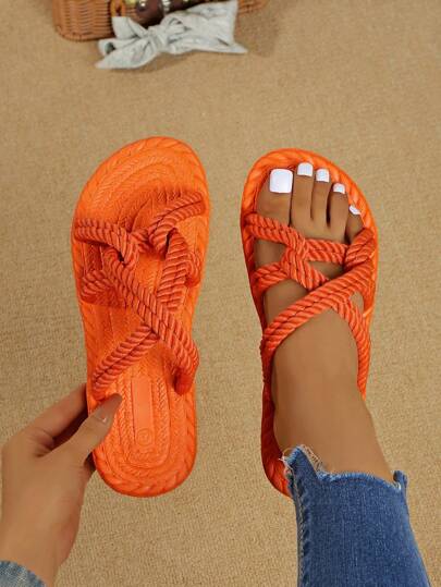 Sandali piatti da donna in corda, sandali estivi con punta aperta, colore arancione brillante completo a forma di incrocio, ciabatte da spiaggia da indossare facilmente con suola intrecciata in lino