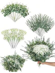 100/30/15/3 件人造银元桉树叶茎带满天星，散装假叶可用于 DIY 花束、插花、婚礼、家居装饰、教师礼物、假植物 - 綠色 - 查看 2