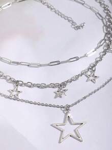 3pcs Gothic Style Hollow Star Pendant Necklace Set, Vintage Silver Color Star Necklace, Fashion Versatile Jewelry For Women - Silver - View 5
