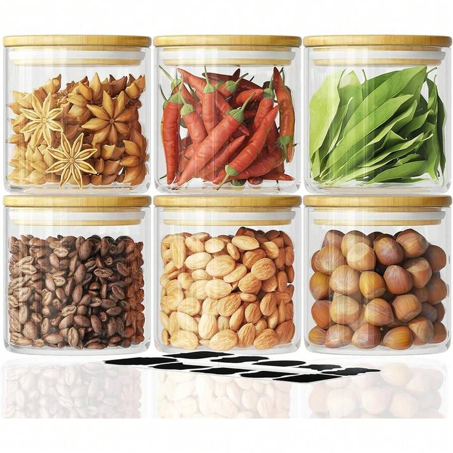 New 6 Piece Glass Storage Jars Set Airtight Bamboo Lids And Labels, 20oz/Ml Glass E Jars Food Storage Containers For Home ,Pantry, Tea, Sugar, Salt, Cee, Flour, Herbs, Grains - 20X6 - View 1
