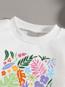 青少年女孩花朵印花圆领运动衫和运动裤套装 - 白色 - 查看 3