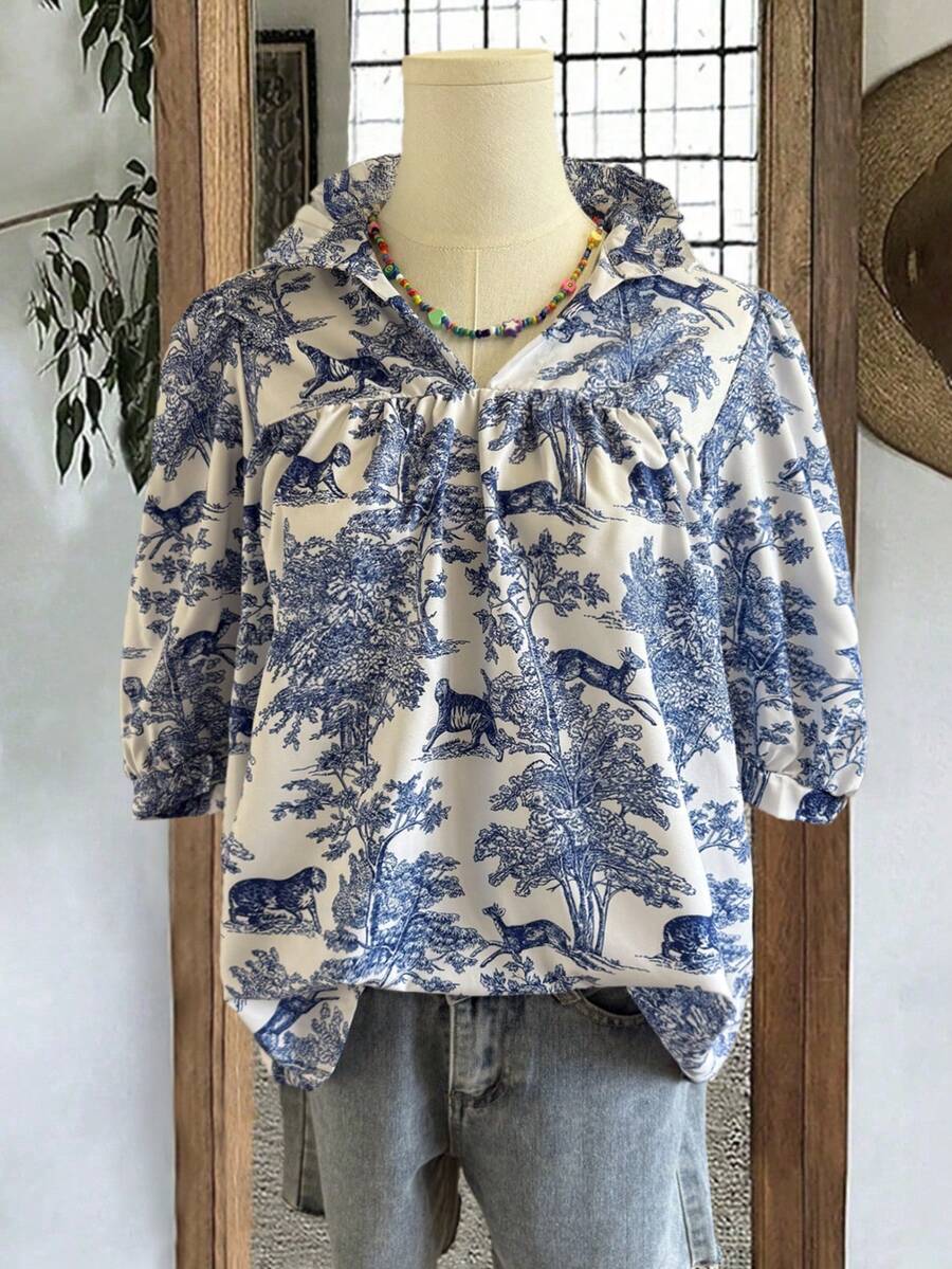 女士度假风动植物蓝白瓷器图案休闲舒适V领短袖印花衬衫