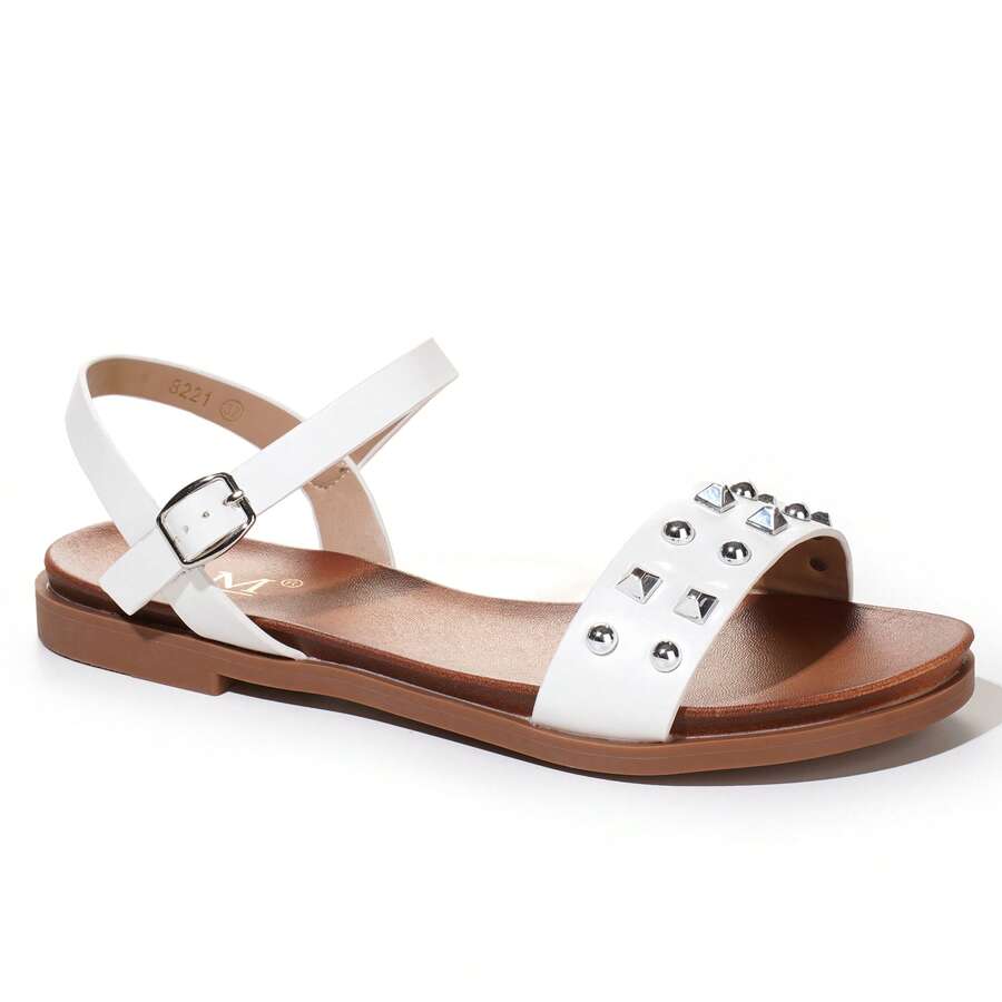 calcena Women's Flat Sandals With Rivet Decor, Adjustable Ankle Strap - White - View 1