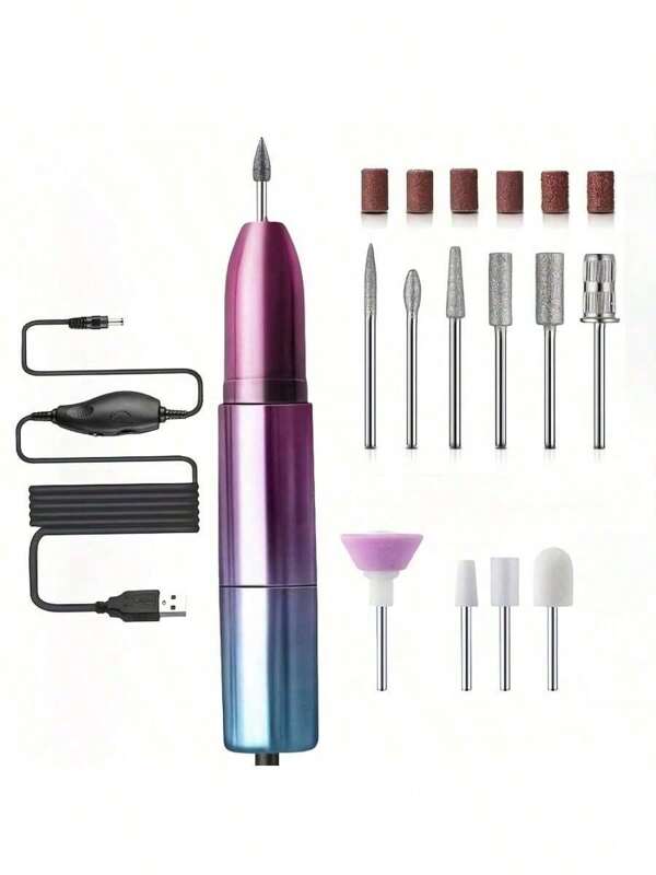 Electric Nail File, Electric Nail Drill Set, USB Plug-In Nail Polisher For Acrylic Gel Nails, Professional Nail Drill Contour Pedicure Tool With 11 Nail Drill Bits And 6 Sanding Rings, Suitable For Home Salon Use, Women's Gift