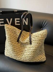 Bolso de paja minimalista y oversize, perfecto para vacaciones, verano, vacaciones, días festivos. Bolso de playa, necesidades y esenciales de playa, cosas de playa y esenciales de verano. El mejor bolso de mujer para la onda de playa, bolso de vacaciones para el verano