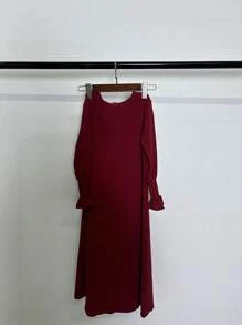 1pc Girls Casual Dress, Pink Round Neck Ruffled Hem Solid Color, Elastic & Comfortable, Daily Wear, Long Arabian Style Abaya