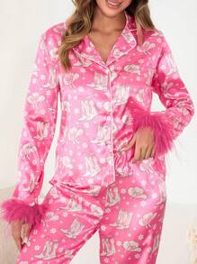 Women Christmas Pajamas Lounge Set Santa/Christmas Tree/Boots Print Shirts Tops And Pants 2 Piece Loungewear Outfits
