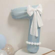 哑光浅蓝色大号数字气球 0-9，蝴蝶结和珍珠装饰摄影道具，适用于生日、派对装饰 - 藍色 - 查看 12