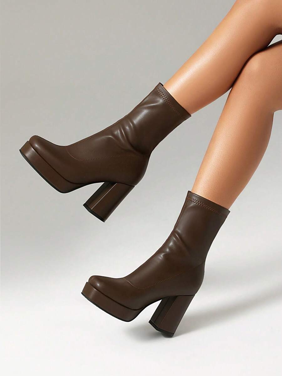 Women's Chunky Heel Square Toe Ankle Boots, Elegant Versatile Mid-Calf Boots, Autumn/Winter - Brown - View 1