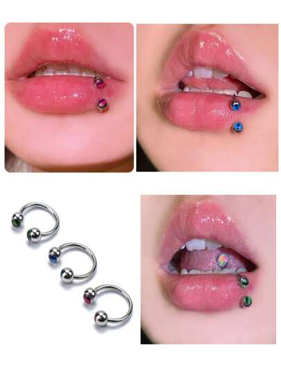 1pc Medical Grade Hypoallergenic Triple Color Titanium Cat Eye Stone Lip Ring, Devil's Eye Horseshoe Ring, Dermal Anchor, Lip Stud, Piercing Jewelry