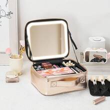 Large Capacity Makeup Bag With Light And Mirror, Detachable Partition, Cosmetic Storage Bag, Portable Handheld Travel Bag - [Small Rose Gold] Full Screen Mirror + LED Fill Light - View 12