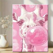 1 Unique Style Solid Painting Whimsical Pink Bubble Gum Giraffe Portrait Wall Art, Vibrant Ready To Hang Home Decor For Living Room & Bedroom, ,No Frame