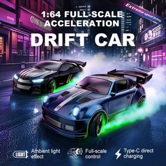 RC-driftauto op schaal 1:64 met verlichting, snelle afstandsbediening, cadeau voor vriend, Kerstmis, 4WD-driftraceauto