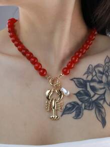 Retro Versatile Crustacean Beaded Handmade Necklace, Vintage Alloy Boho Seafood Jewelry, Fashion Unique Resort Style