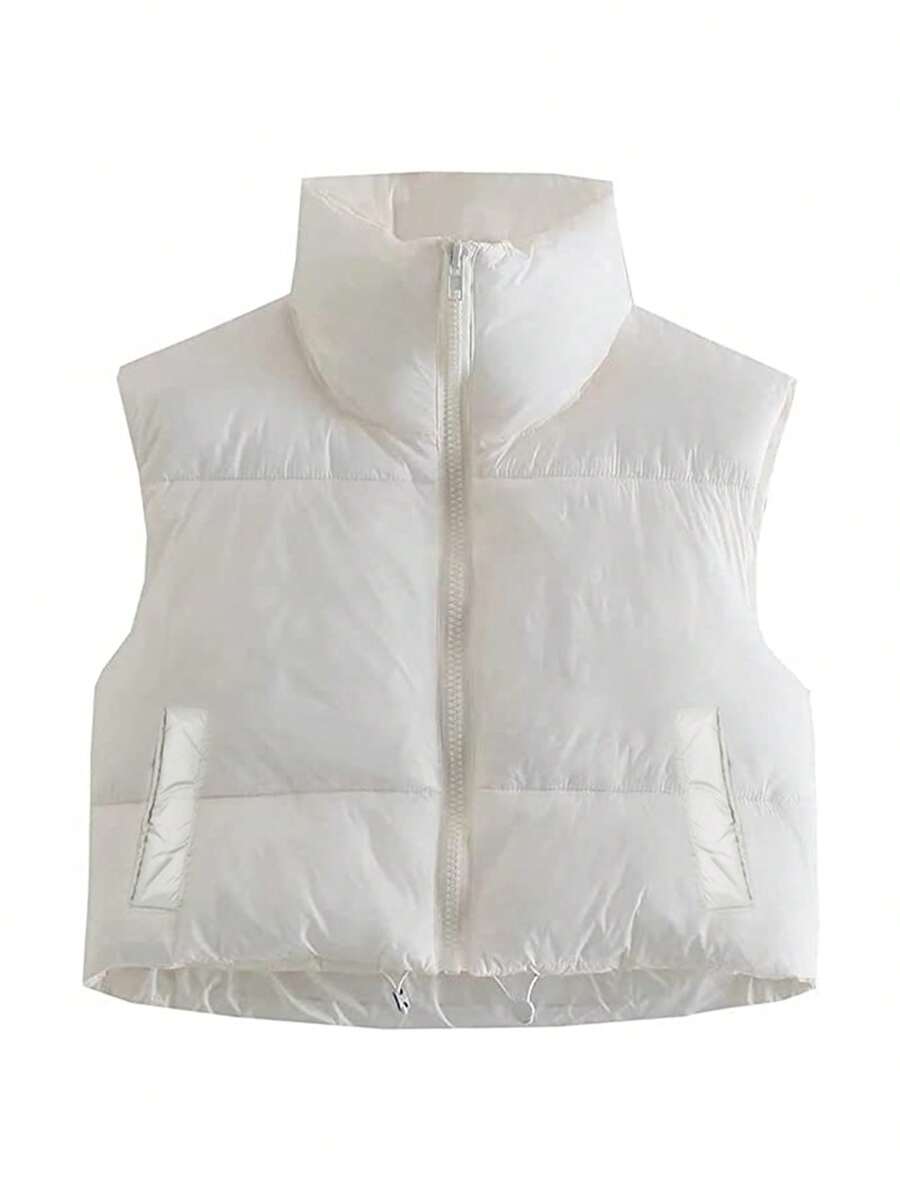 Women Winter Warm Crop Waistcoat, Sleeveless Stand Collar Double Sided Lightweight Puffer Vest