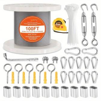 0.3mm Wire Rope Kit, 30.5M Vinyl Coated 304 Stainless Steel Cable With 59 Accessories, Turnbuckles, 650 Lbs Breaking Strength, Marine Aircraft Grade For Handrail Stair Decking Fence Outdoors