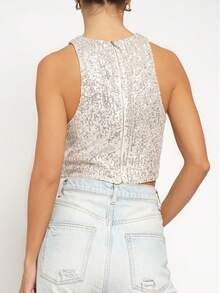 SANS SOUCI SEQUINS CROPPED TANK TOP   Blingbling    Party    Sequins    Zipper    Top  Night Out    All Season Holiday - 銀色 - 查看 2
