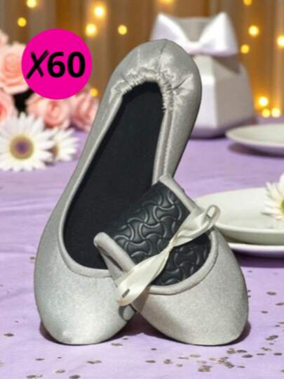 60 PARES/PAQUETE PANTUFLAS FOLDING FLATS "PLATA SATINADO" PARA BODA XV AÑOS EVENTOS RECUERDOS "FUERA TACONES BAILAR" SAT1 BASIC